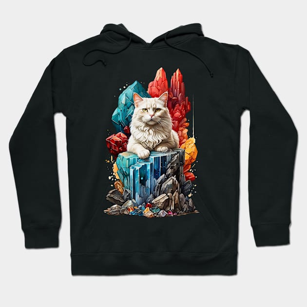 White Cat sitting on Gems Crystal Cluster Hoodie by Neon City Bazaar